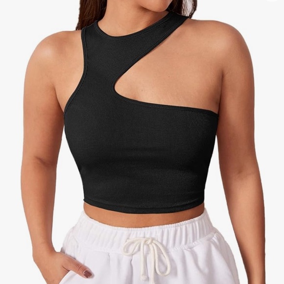 Verdusa Tops - Verdusa Women's Asymmetrical Neck Slim Fitted Ribbed Crop Tank Top - M
